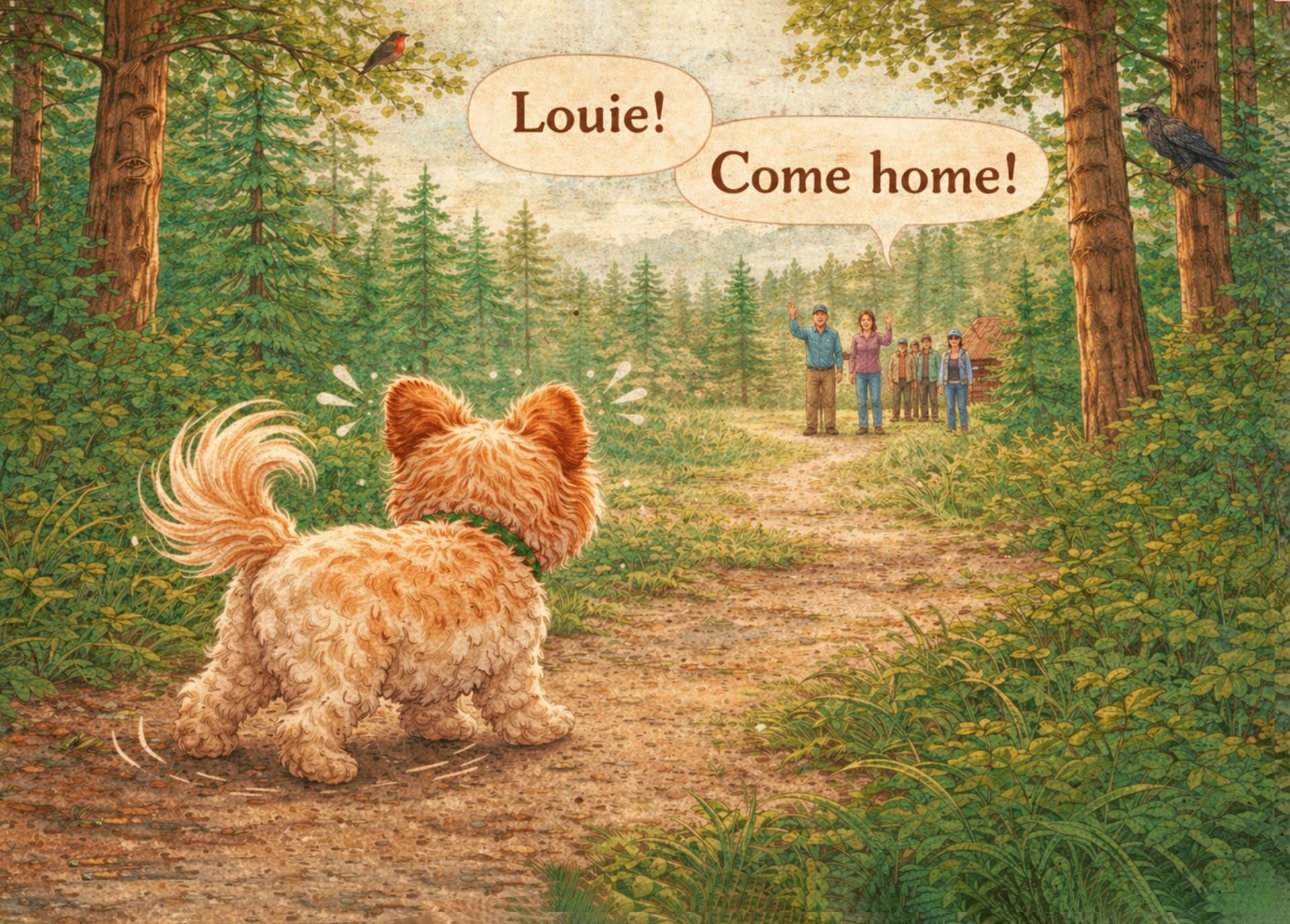 Interior spread from Louie Unleashed by Marsha McKee Thom — watercolor illustration of Louie the Shih Tzu in the mountain forest as his family calls out for him to come home