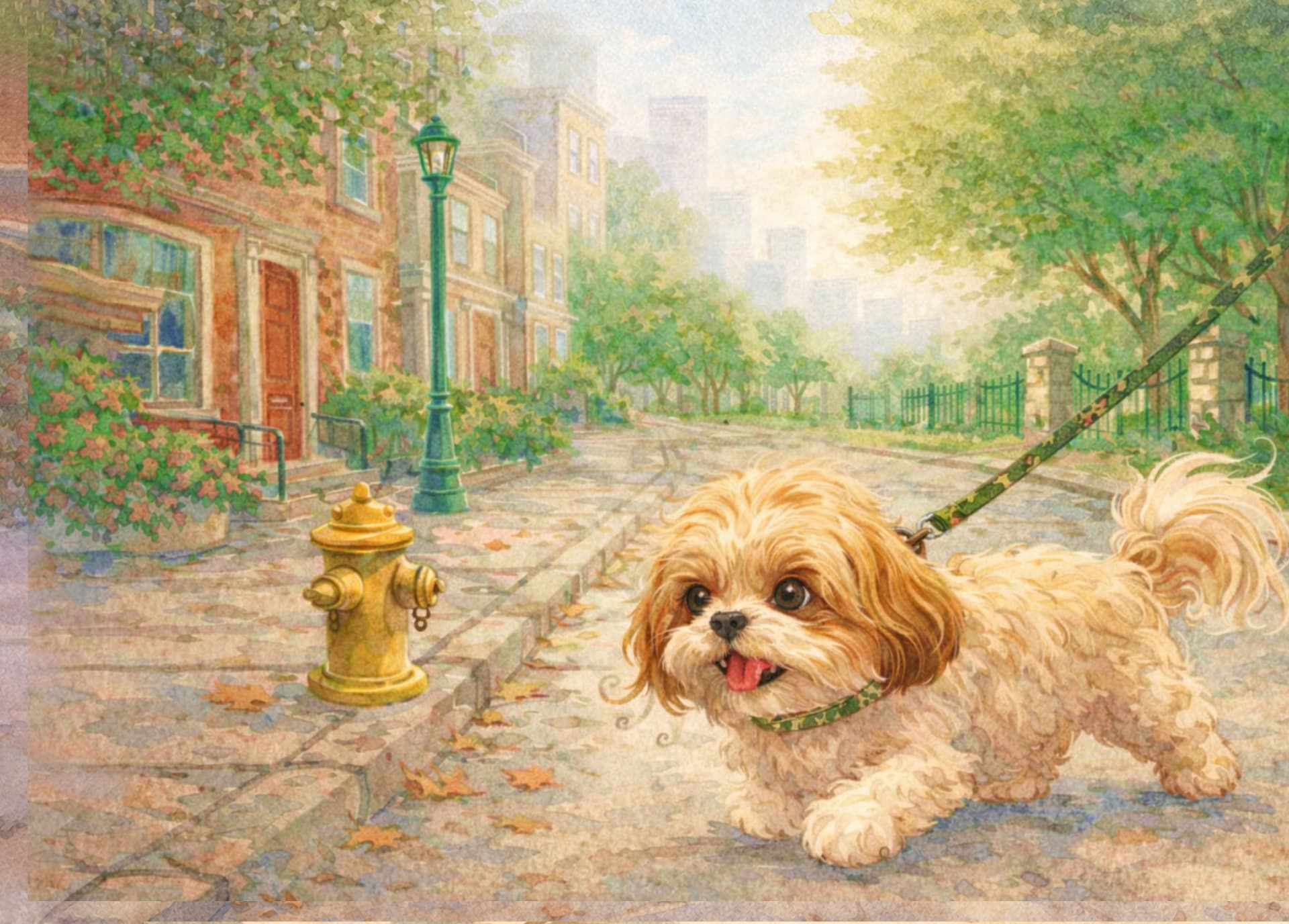 Interior spread from Louie Unleashed by Marsha McKee Thom — watercolor illustration of Louie the Shih Tzu walking on a leash down a city street