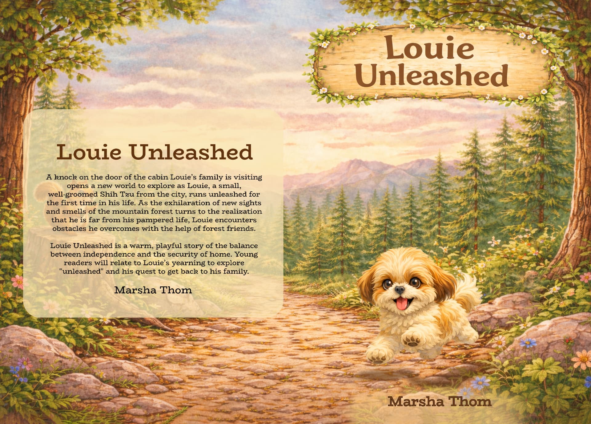 Full wraparound cover of Louie Unleashed by Marsha McKee Thom, including the back-cover blurb and watercolor mountain forest artwork