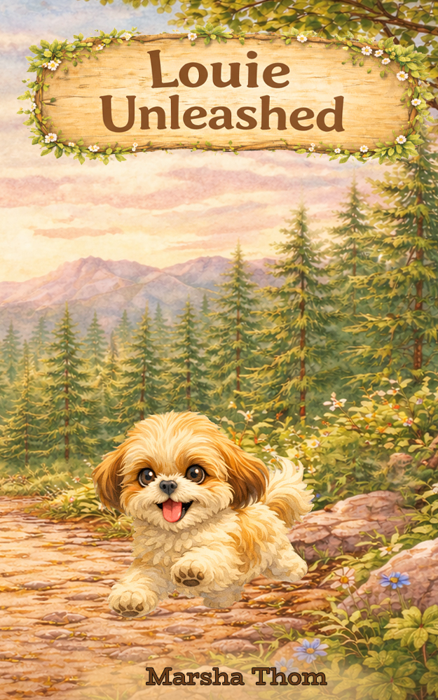 Louie Unleashed book cover by Marsha McKee Thom — watercolor illustration of a cream Shih Tzu puppy running down a cobblestone mountain forest path